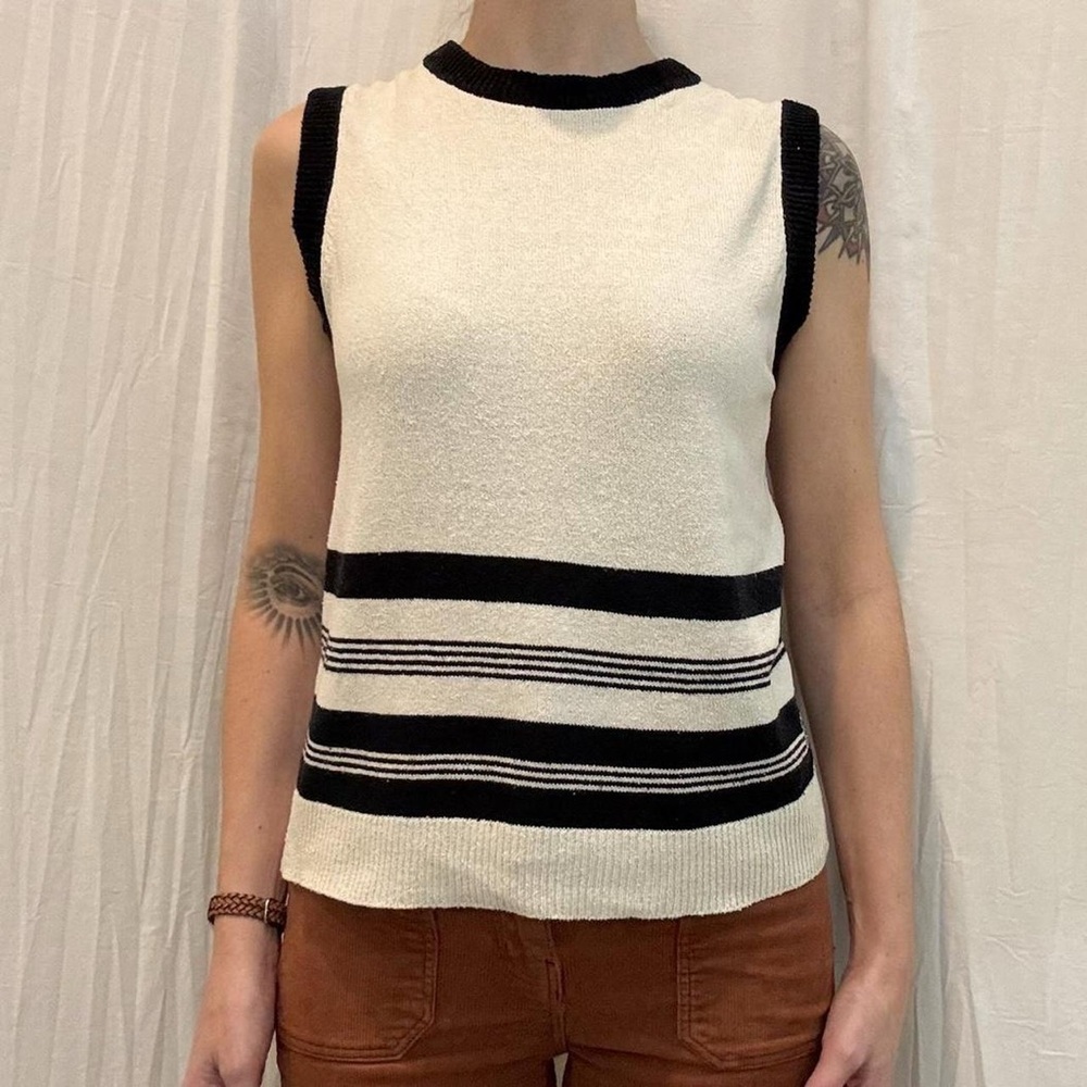 Silk‎ Cream and Black Sweater Vest, Vintage 90s Raw Silk Size Small